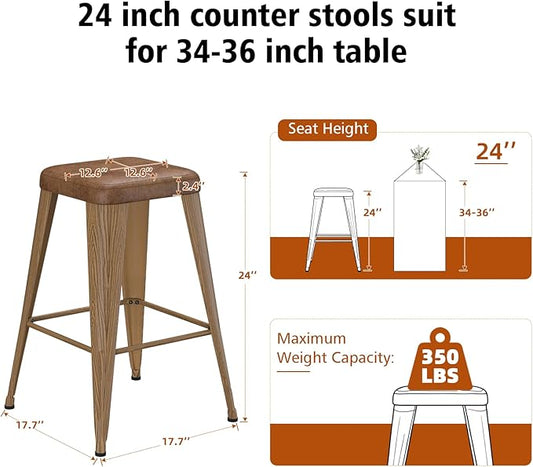 Backless Bar Stools Set of 4, Upholstered Faux Leather Counter Height Stools with Sturdy Metal Legs, 24 Inch Barstools for Kitchen Island (Walnut)