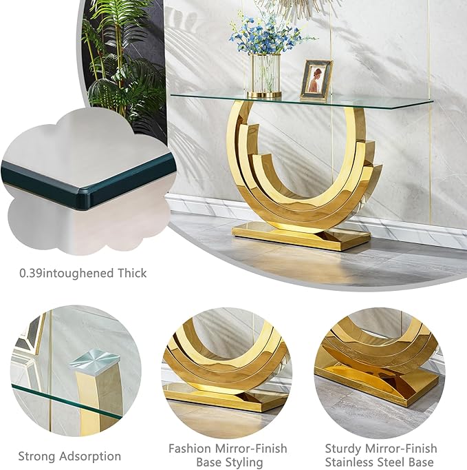 HomVent 55.12" Glass Console Table, Living Room Entry Tables, Modern Narrow Gold Tempered Glass Top Side Tables Bedroom, Rectangle Bedside Eating Tables for Home Office with Stainless Steel Base