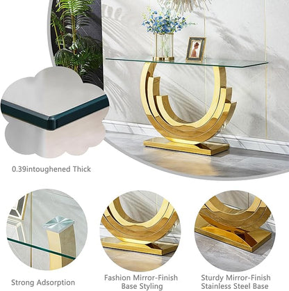 HomVent 55.12" Glass Console Table, Living Room Entry Tables, Modern Narrow Gold Tempered Glass Top Side Tables Bedroom, Rectangle Bedside Eating Tables for Home Office with Stainless Steel Base