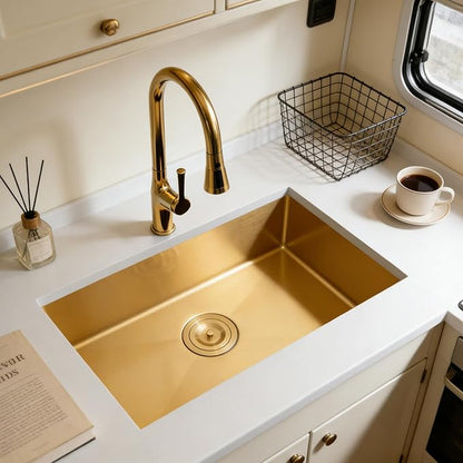 MILOSEN Gold RV Kitchen Sink, 25×15 inch 16 Gauge T304 Stainless Steel Undermount RV Sink with Basket Strainer, Gold Outdoor Camper Sinks, 7'' Depth Deep Single Bowl Laundry Basin