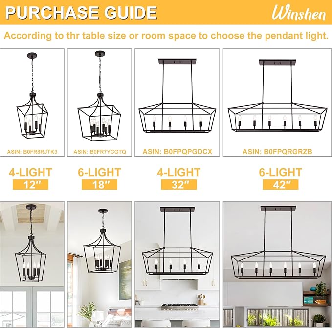 6-Light Farmhouse Chandelier, Adjustable Height Kitchen Island Pendant Lighting Fixture for Over Table Dining Room Living Room Foyer, Oil Rubbed Bronze & E12 Bulb Base