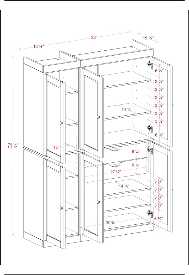 Palace Imports Solid Wood Kitchen Pantry Cabinet - 71.5" Tall x 48.5" Wide - Freestanding Storage Pantry w/ 2-Drawer Kit & Adjustable Shelves - Green, Renewable Eco-Friendly 100% Wood, Made in Brazil