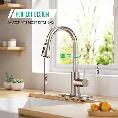 Kitchen Faucet with Pull-Down Spray Single Handle high arc Commercial Stainless Steel Brushed Nickel Kitchen Sink Faucet with Deck Suitable for bar Laundry RV Farmhouse (Brushed Nickel)