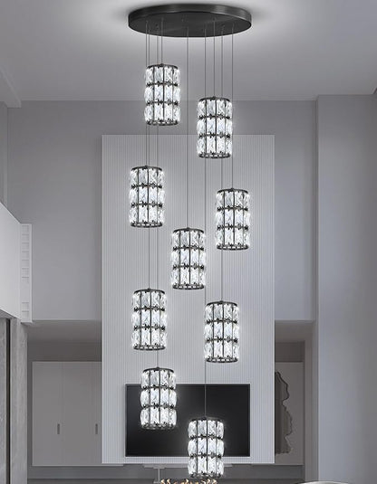 9-Lights Modern Crystal LED Dimmable for Staircase Foyer High Ceiling Chandeliers Hallway Black