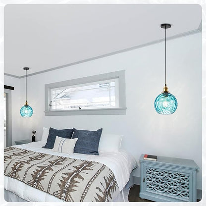 Blue Pendant Light Coastal Pendant Lighting Nautical Pendant Light with 7.8" Hammered Glass Globe 1-Light Chandelier Hanging Light Fixtures Ceiling Mount for Kitchen Island Bedroom Dining Room