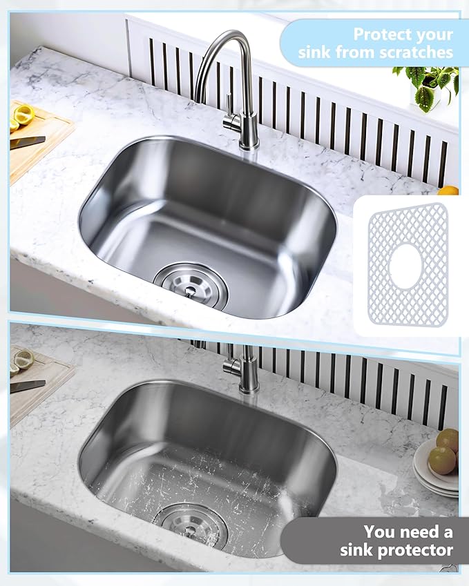 2 Pack Silicone Sink Protector for Kitchen Sink, Trellis Pattern 12 x 11" Sink Grid Mat Silicone Protectors, Center Drain, White