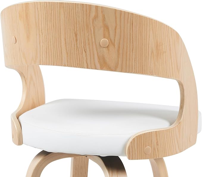 Shelly Modern Bar Height Swivel Stool in Patterned Oak Finish with White Faux Leather Upholstered Seat Set of 2