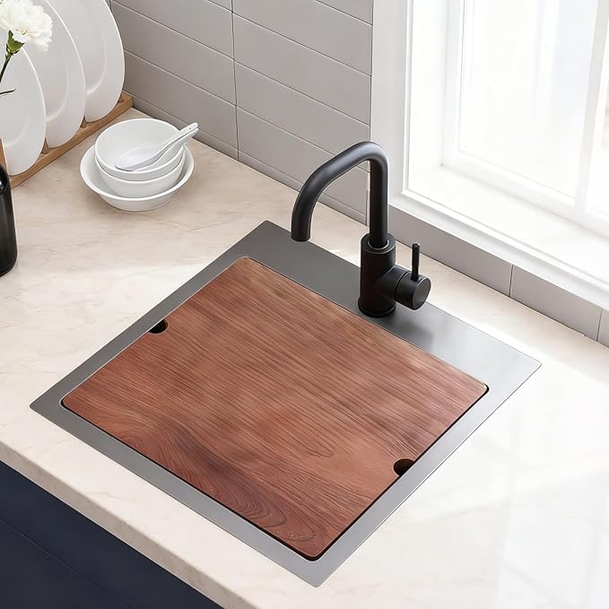 18x18" Gunmetal Black Drop In Bar Sink, Stainless Steel Workstation Topmount 9 Inch Deep Single Bowl Kitchen Prep RV Sink with Cutting Board