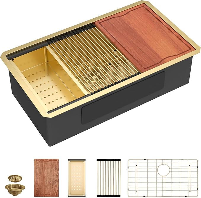 Dcolora 33 In. Gold Undermount Kitchen Sink, Workstation with Valued Accessories, Heavy Duty 16 Gauge 304 Stainless Steel Luxury Gold Nano-PVD, 33"x19"x10" Large Single Bowl #DC-U2533006GW