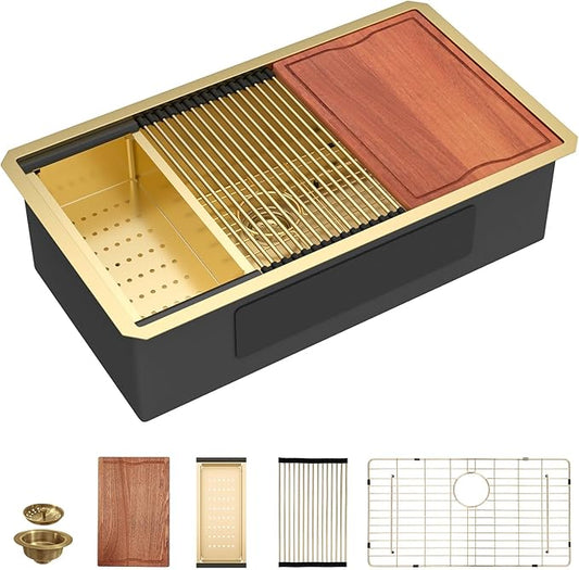Dcolora 33 In. Gold Undermount Kitchen Sink, Workstation with Valued Accessories, Heavy Duty 16 Gauge 304 Stainless Steel Luxury Gold Nano-PVD, 33"x19"x10" Large Single Bowl #DC-U2533006GW