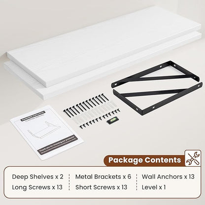 Deep Wall Shelves 40"W x 12"D Engineered Wood Floating Shelves for Wall, Sturdy Metal Bracket Bookshelves Home Decor Storage for Living Room Bedroom Bathroom Kitchen, Set of 2, White Finish