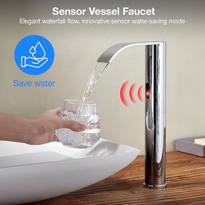 Charmingwater Touchless Bathroom Sink Faucet, Waterfall Vessel Bathroom Faucet with Automatic Sensor, Hands Free Sink Faucet, Tall Modern Lavatory Vanity Mixer Tap, Chrome