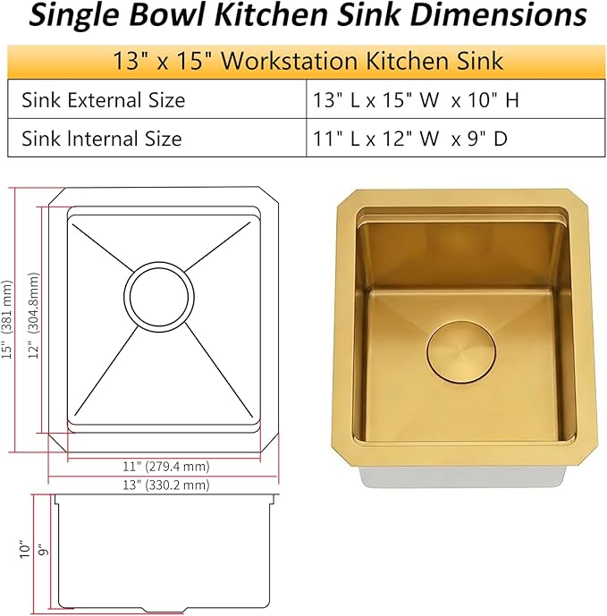 Gold Bar Sink 13 x 15 Inch, Gold Undermount Kitchen Sinks,16 Gauge SUS304 Stainless Steel All in One Workstation Sinks with Accessories,13" x 15" x 10" Small Kitchen Sink For Wet Bar and RV