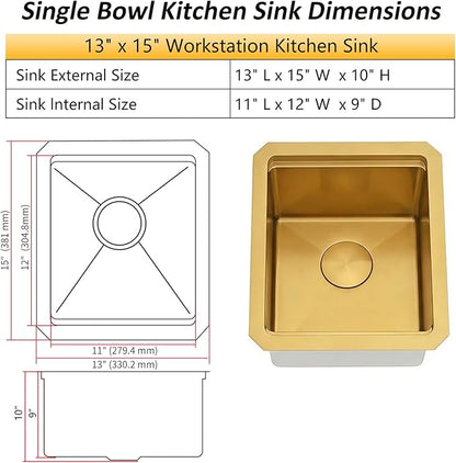 Gold Bar Sink 13 x 15 Inch, Gold Undermount Kitchen Sinks,16 Gauge SUS304 Stainless Steel All in One Workstation Sinks with Accessories,13" x 15" x 10" Small Kitchen Sink For Wet Bar and RV