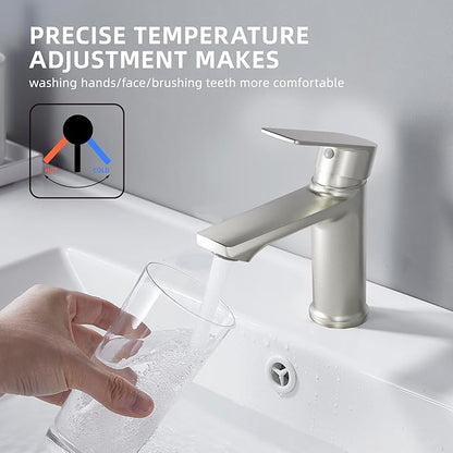 BELZ Bathroom Faucet Brushed Nickel, Tool-Free Modern Single Handle Sink Faucet, Spot-Resistant Single Hole Vanity Faucet, Pre-Installed 24" Lines, Faucet Only
