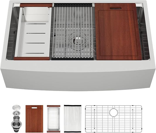 Sarlai 36 Farmhouse Sink Stainless Steel - 36x22 Inch Kitchen Sink Ledge Workstation Apron Front Single Bowl 16 Gauge Stainless Steel Luxury Undermount Farm Kitchen Sink
