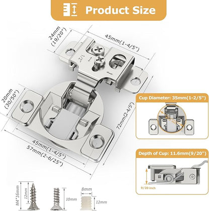 Furniware 50 Pieces 1/2" Overlay Soft Close Concealed Hinge for Face Frame Cabinet Door, 2-Hole Flush Mount Cabinet Door Hinge with Detachable Damper for Speed Control, 105° Opening Angle