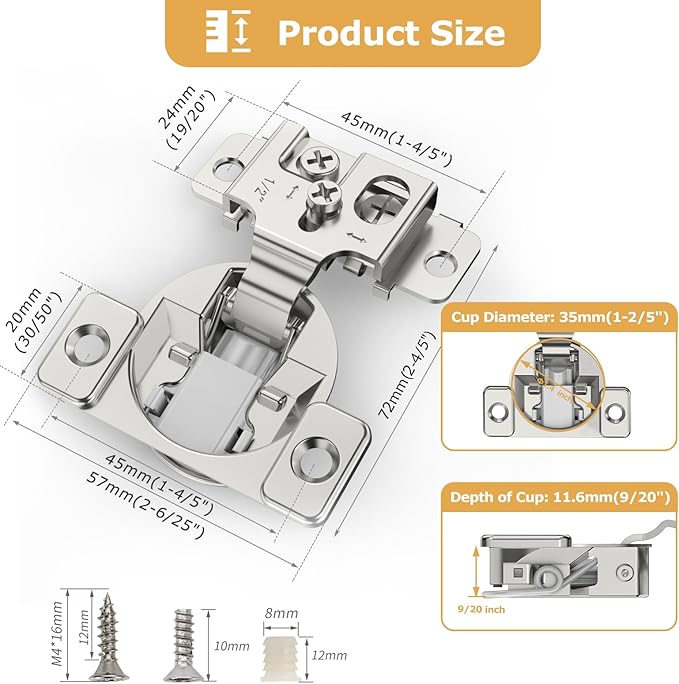 Furniware 2 Pieces 1/2 in Overlay Soft Close Concealed Hinge for Face Frame Door, 105° Open Angle Concealed Stainless Steel Hinges for Face Frame Door, Soft Close Cabinet Hinge Satin Nickel