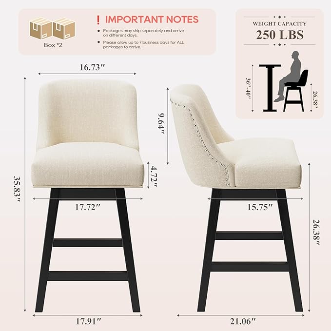MALOL Swivel Bar Stools Set of 4, 27" Counter Height Kitchen Stools with Padded Seats and Solid Wood Legs, Upholstered Barstools for Kitchen Island, Breakfast Nook (Beige)