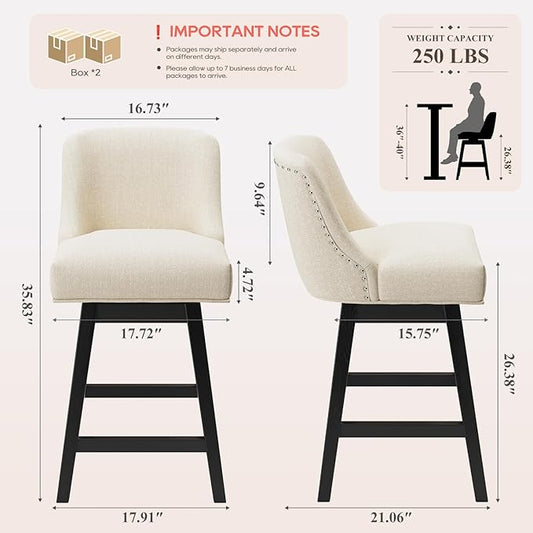 MALOL Swivel Bar Stools Set of 4, 27" Counter Height Kitchen Stools with Padded Seats and Solid Wood Legs, Upholstered Barstools for Kitchen Island, Breakfast Nook (Beige)