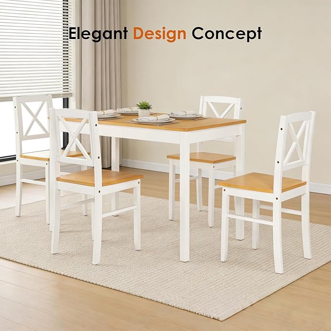 Majnesvon 5 Piece Dining Table Set for 4, Farmhouse Kitchen Table Set with Chairs, Wood Dining Table Chair for Kitchen, Restaurant, Apartment (Ancient White)