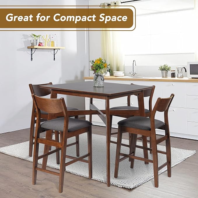Counter Height Bar Stool Set of 2, Solid Wood Counter Height Chairs with Back, Mid-Century Upholstered Dining Chair with 24 Inches Seat Height, Kitchen, Dining Room, Brown