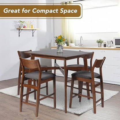 Counter Height Bar Stool Set of 2, Solid Wood Counter Height Chairs with Back, Mid-Century Upholstered Dining Chair with 24 Inches Seat Height, Kitchen, Dining Room, Brown