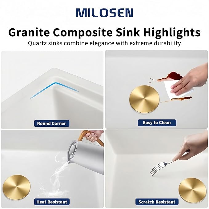 MILOSEN White Undermount Kitchen Sink, 30×18 Inch Workstation Ledge Under Counter Single Bowl Basin with Offset Drain, Granite Composite Quartz Material, Large Deep Sinks With Accessories