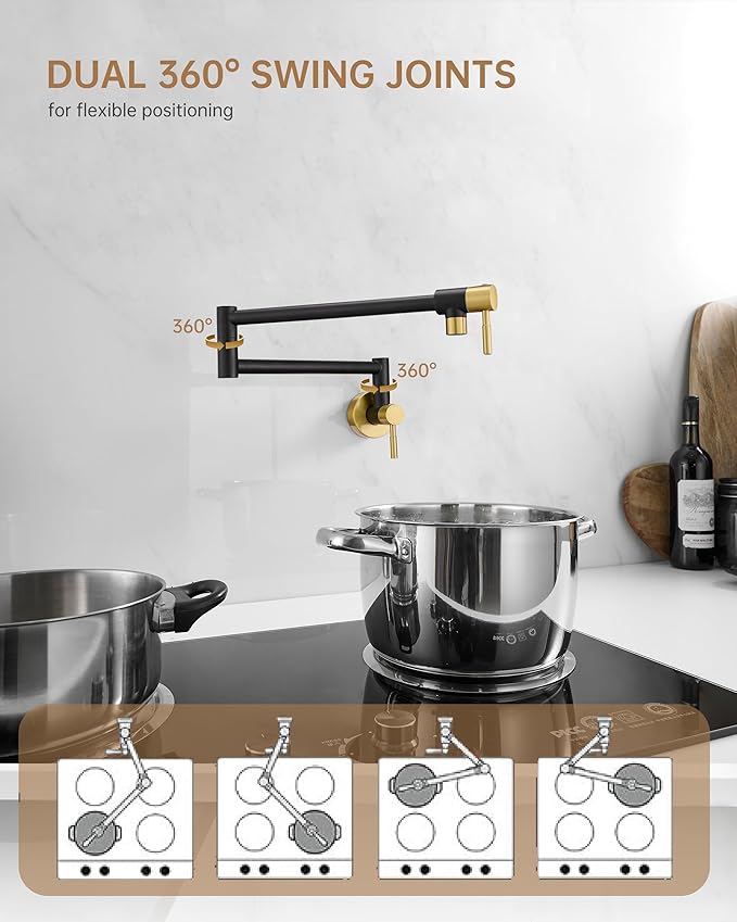Fransiton Black & Gold Pot Filler, Pot Filler Faucet Wall Mount, Brass Folding Stretchable with Double Joint Swing Arm Single Hole Two Handles Kitchen Restaurant