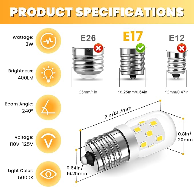 AMI PARTS E17 LED Light Bulb 3W 380LM 5000K Daylight White 8206232A Microwave Bulbs Under Hood Refrigerators Oven 2 Packs-Non-dimmable
