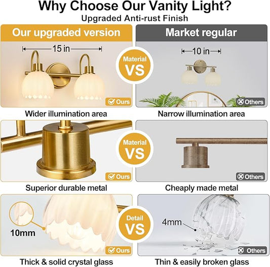 Bathroom Light Fixtures, 2-Light Gold Vanity Light Fixtures with White Tulip Glass Shades, Bathroom Lighting Fixtures Over Mirror for Bedroom, Living Room & Hallway (Bulbs Not Included)