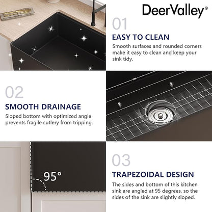 DeerValley Black Farmhouse Sink for Kitchen 33 inch, Fireclay Farmhouse Single Bowl Kitchen Sink, Front Apron Workstation Sinks with Grid, Strainer & Workstation Accessories