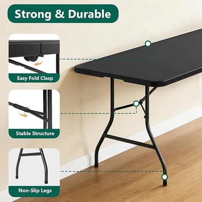 Folding Table 6FT Heavy Duty Plastic Table with Handle, Foldable&Portable, Fold-in-Half Utility Tables for Outdoor, Dining, Wedding, Events, Indoor, Picnic, Camping, Party, Black