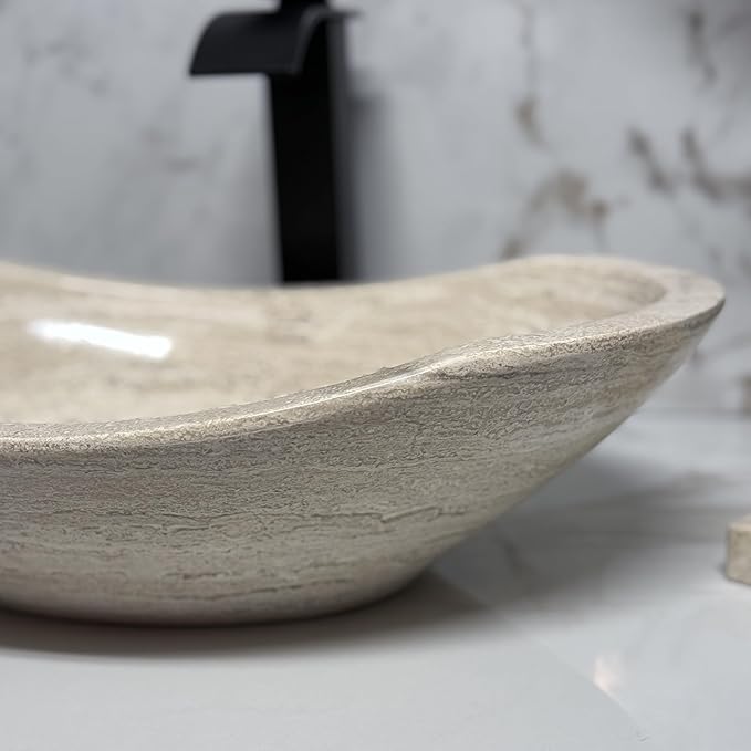 Shades of Nature Oval Travertine Vessel Sink – Natural Stone Wash Basin, Fully Polished Bathroom Sink, Above Counter Vanity Basin (Includes Matching Soap Tray)