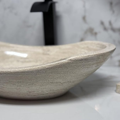 Shades of Nature Oval Travertine Vessel Sink – Natural Stone Wash Basin, Fully Polished Bathroom Sink, Above Counter Vanity Basin (Includes Matching Soap Tray)
