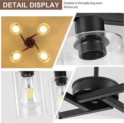 4-Light Modern Farmhouse Black Chandelier, Dining Room Light Fixture Over Table Adjustable Height Hanging Industrial Pendant Lights Kitchen Island, Clear Glass Shade