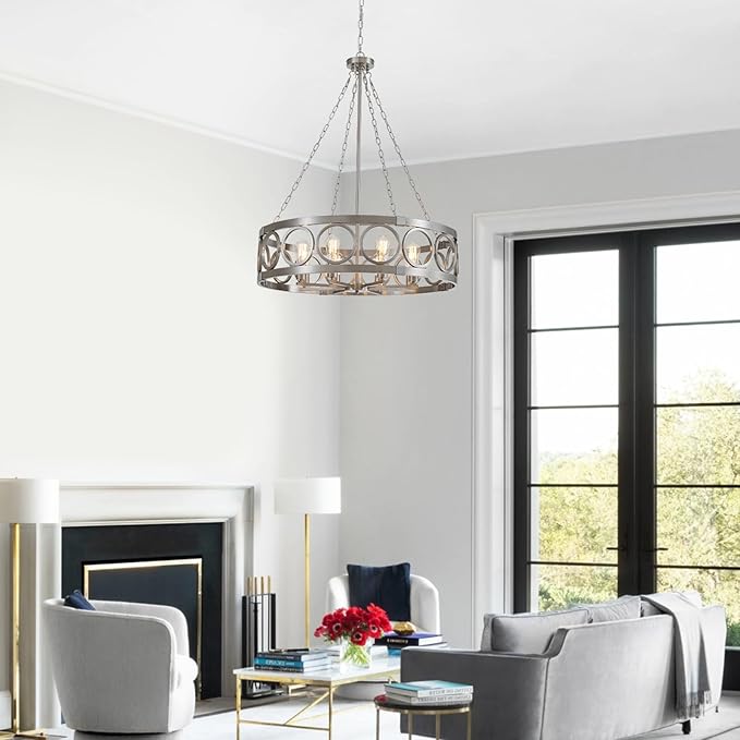 XINGQI Large Drum Chandelier 32.3" Brushed Nickel Chandeliers for Dining Room, Modern 8-Light Round Pendant Lighting Fixture for Living Room Office Kitchen Island