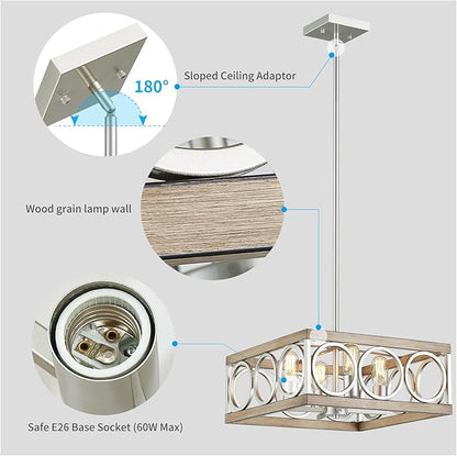 XINGQI Modern Chandelier Square 4-Light, Farmhouse Pendant Lighting Fixture for Dining Room Living Room Bedroom Kitchen Island,Antique Wood Grain+Brushed Nickel Metal Ceiling Lamp