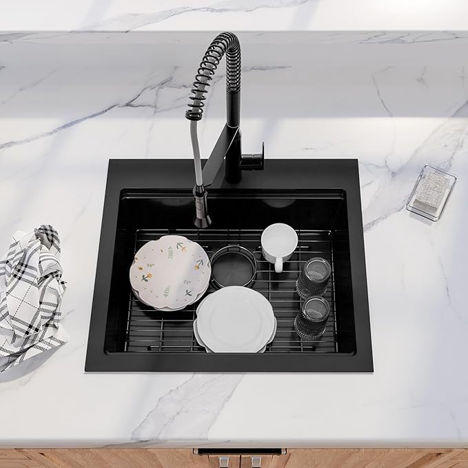 25 Inch Drop In Black Kitchen Sink,16 Gauge 304 Stainless Steel Kitchen Sink Single Bowl, 25" x 22" x 9" Ledge Workstation Sinks With All Accessories, Multi-Functional Workstation Sinks