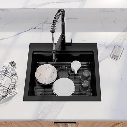25 Inch Drop In Black Kitchen Sink,16 Gauge 304 Stainless Steel Kitchen Sink Single Bowl, 25" x 22" x 9" Ledge Workstation Sinks With All Accessories, Multi-Functional Workstation Sinks