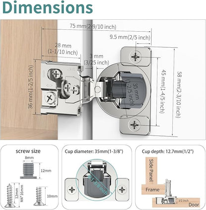 50 Pack 3/4" Overlay 3D Soft Close Hinges for Face Frame Kitchen Cabinet, 3 Way Adjust, Self Closing Concealed Cabinet Hinges-105 Degree