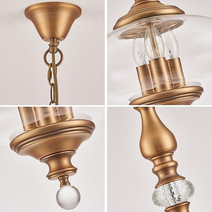 Vintage Kitchen Island Pendant Light Antique Brushed Brass Glass Chandelier for Living Room Dining Room Bedroom, W 11.8 in. H 23.6 in.