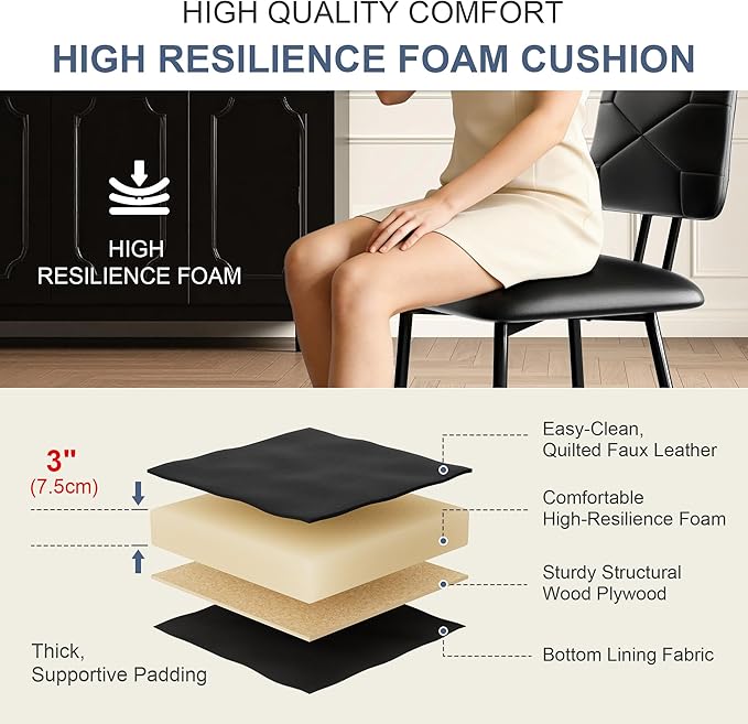 VECELO Dining Chairs Set of 4, Modern Upholstered Kitchen Chairs with Faux Leather Cushion Seat & Metal Legs for Kitchen, Living Room, Tufted Backrest Design, Black