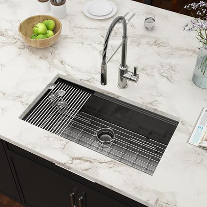 Black Undermount Kitchen Sink 33 Inch Stainless Steel Workstation Kitchen Sinks Single Bowl Gunmetal Black Nano PVD 16 Gague Handmade Large Deep Sinks 33" x 19" x 9"