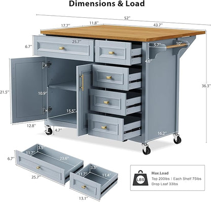 Kitchen Island with Drop Leaf, Embossed Texture Kitchen Island on Wheels with Spice Rack,Towel Rack, 2 Doors and 5 Drawers, Kitchen Storage Cart with Adjustable Shelf for Kitchen (Blue+Grey@093)