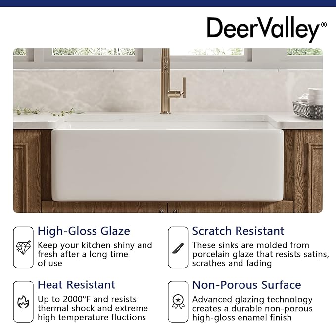 DeerValley Farmhouse Kitchen Sink 30 Inch, Fireclay White Apron Front Farm Sink, Single Bowl Deep Drop-in Undermount Reversible Sink with Grid & Strainer
