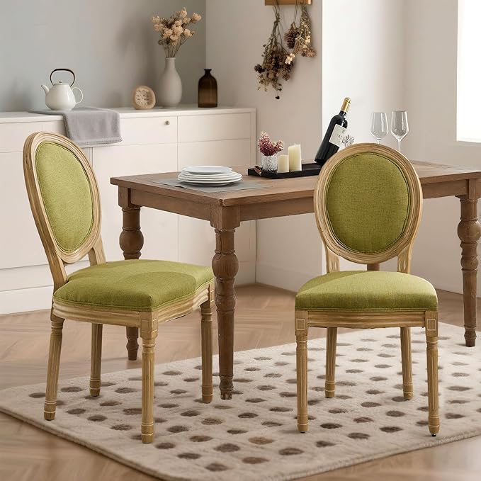 SoarFlash Linen French Dining Chairs Set of 2, Vantage Dining Chair with Round Back, Wood Leg Farmhouse Country Dining Chair for Kitchen,Bedroom,Olive Green
