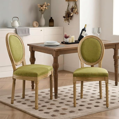 SoarFlash Linen French Dining Chairs Set of 2, Vantage Dining Chair with Round Back, Wood Leg Farmhouse Country Dining Chair for Kitchen,Bedroom,Olive Green