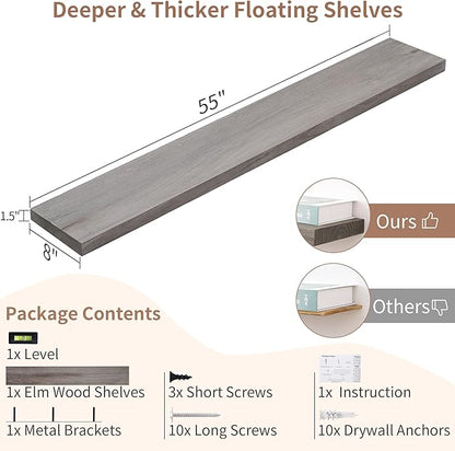 Axeman Floating Shelves for Wall, Rustic Elm Wood 56'' W x 8" D Wall Shelf with Invisible Bracket, Large Long Wall Mounted Storage Shelves for Living Room, Bedroom, Kitchen, Bathroom Decor, Grey