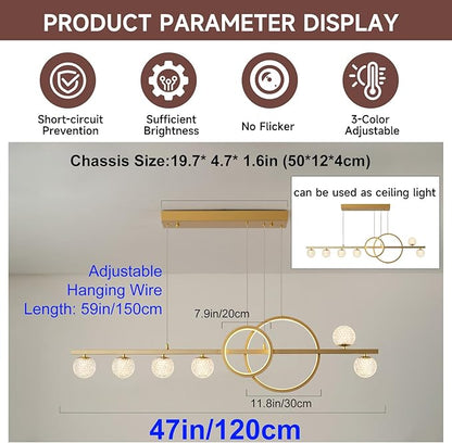 ORANOOR Modern Gold Chandeliers for Dining Room, 47in Dimmable LED Chandelier Linear Gold Pendant Light for Kitchen Island, Upgraded 6 Globe Hanging Pendant Chandelier Lighting (2 Rings, 4200lm)